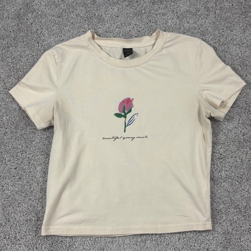 Dazy Cream Rose Graphic Tee Short Sleeve Cotton Blend T-Shirt sz2305023166148 M